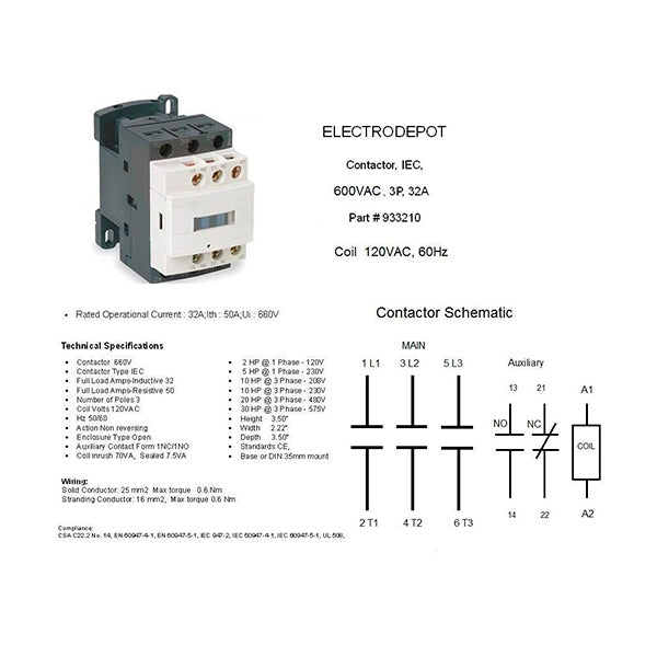 Electrodepot 30A 3 Pole IEC 660V Contactor - Normally Open and Auxiliary 1NO/1NC - 110/120VAC Coil with DIN Rail and 2 Screws for HVAC, AC, Motor Load and Lighting