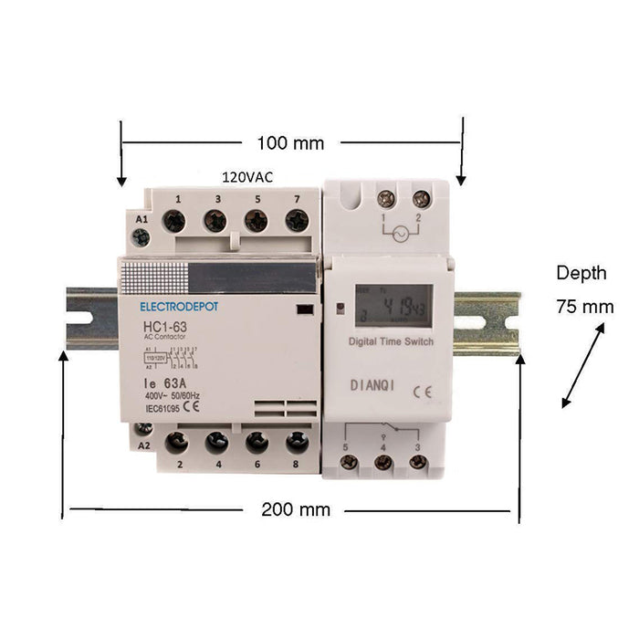 Electrodepot 40A 4 Pole NO Contactor - 110/120VAC Coil, with 24-7 Electronic Timer, DIN Rail and Screws for HVAC, AC, Motor Load and Lighting