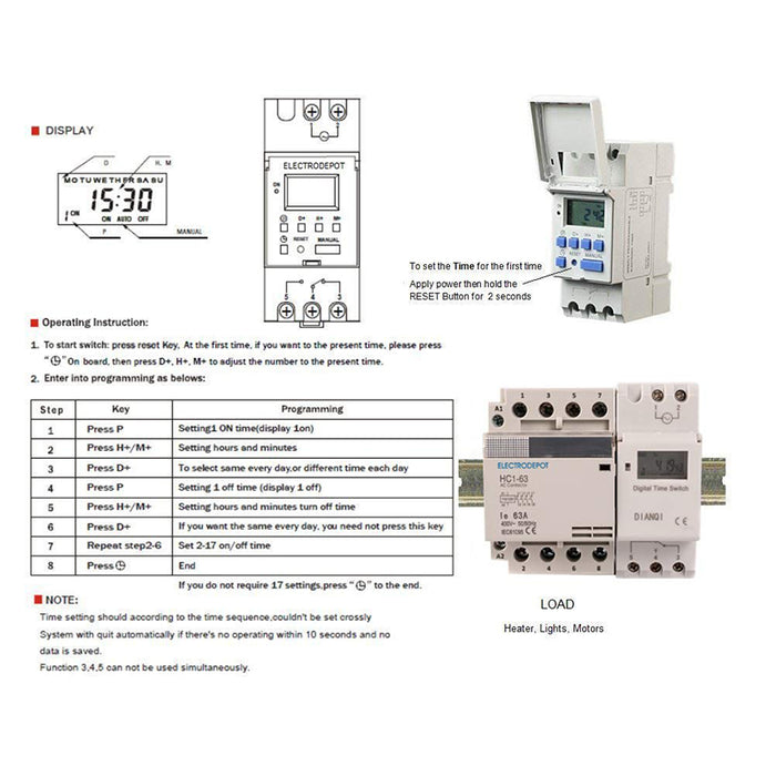 Electrodepot 40A 4 Pole NO Contactor - 110/120VAC Coil, with 24-7 Electronic Timer, DIN Rail and Screws for HVAC, AC, Motor Load and Lighting