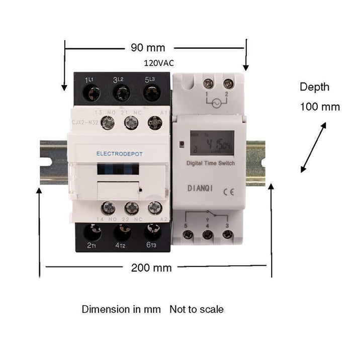 Electrodepot 30A 3 Pole NO Contactor - 110/120VAC Coil, with 24-7 Electronic Timer, DIN Rail and Screws for HVAC, AC, Motor Load and Lighting