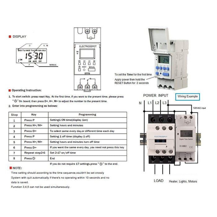 Electrodepot 30A 3 Pole NO Contactor - 110/120VAC Coil, with 24-7 Electronic Timer, DIN Rail and Screws for HVAC, AC, Motor Load and Lighting