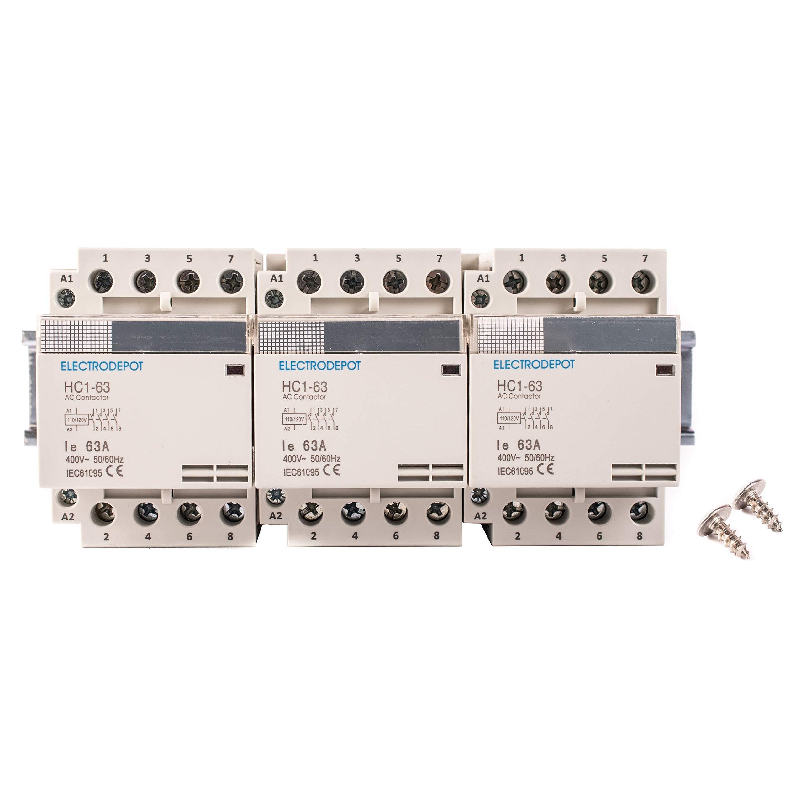 Contactor, 12 Pole Normally Open, 110/120V, 40A + DIN Rail + 2 Screws ...