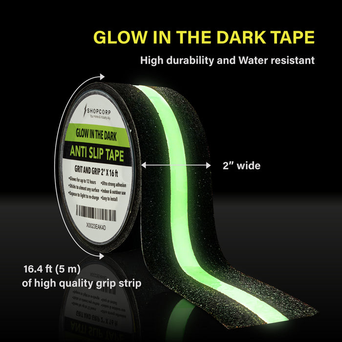 Shopcorp Professional Non-Slip Glow in the Dark Tape - Heavy Duty Adhesive Grip Strip (2 in x 16.4 ft)