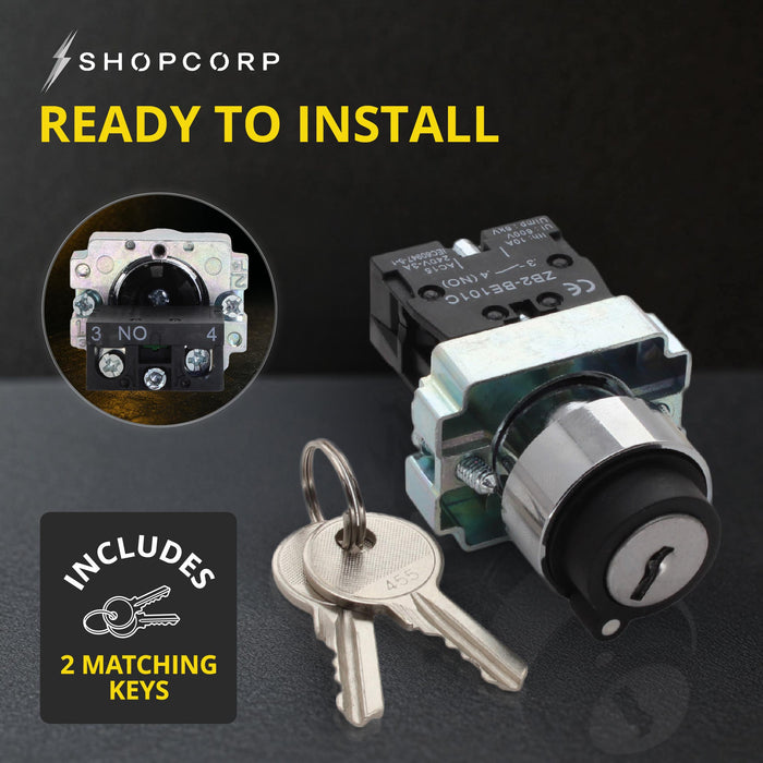 Shopcorp 2 - Position Maintained Selector Rotary Key Switch - 22mm, 600V and 10A Electrical Switch