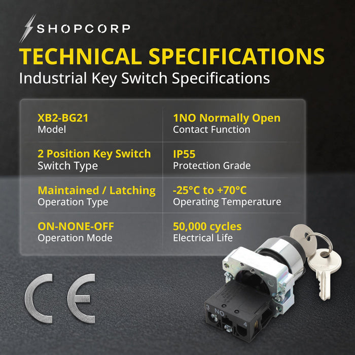 Shopcorp 2 - Position Maintained Selector Rotary Key Switch - 22mm, 600V and 10A Electrical Switch